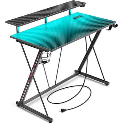 Gaming Desk with LED Lights & Power Outlets