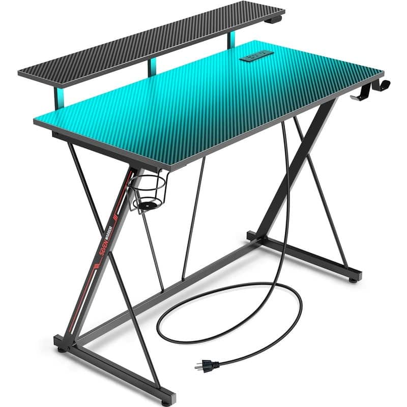 Gaming Desk with LED Lights & Power Outlets