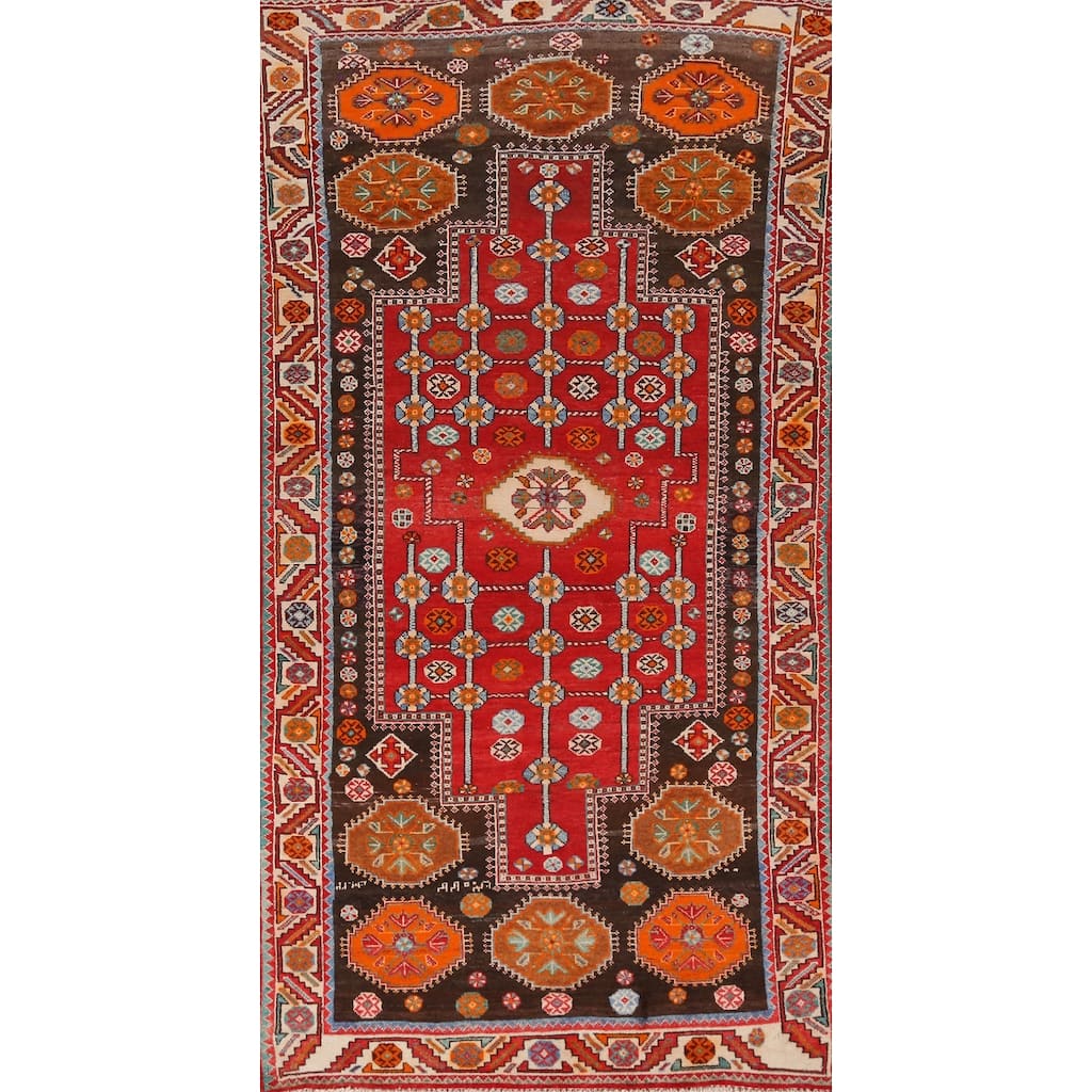 Hand Knotted Oriental 100% Wool Carpet Traditional Geometric Red Shiraz Runner Rug - 9' 5'' X 4' 5''