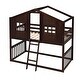 preview thumbnail 6 of 9, Twin Over Twin Bunk Bed With Ladder, House-shaped Bed with Windows, Pine Wooden Bed Frame with Guardrails, Brown