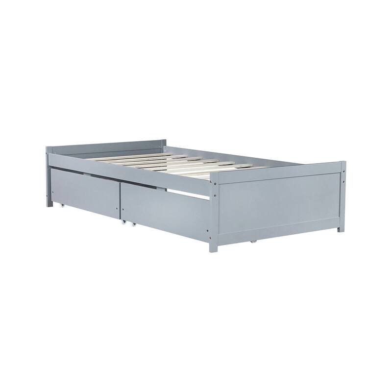 Wooden Twin Size Kids Bed with 2 Drawers, Solid Rubber Wood Platform Bed Frame, No Box Spring Needed