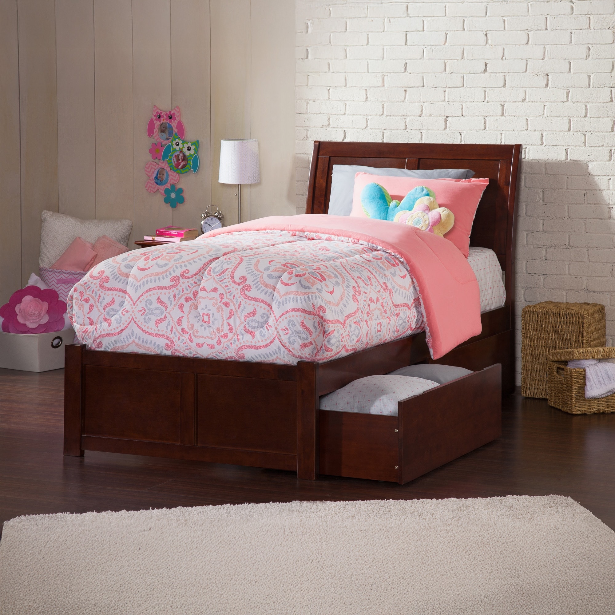 Portland Twin XL Platform Bed with Footboard & 2 Storage Drawers in Walnut