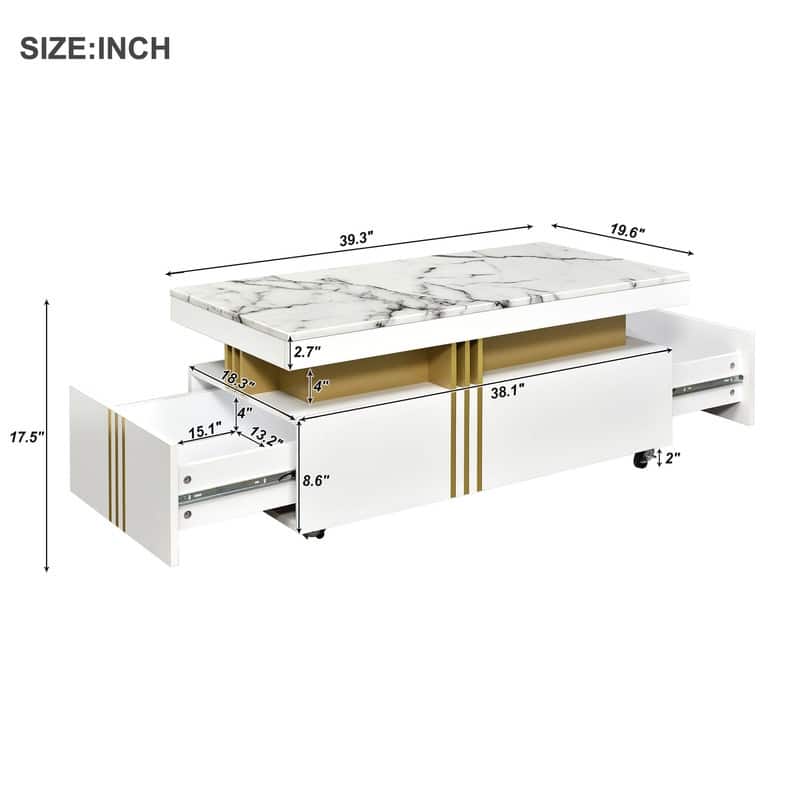 Modern/Luxury Wood Coffee Table For Living Room,Cocktail Table with Storage Drawers,Faux Marble Top