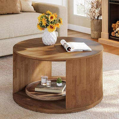 31.5" Round Coffee Table, Circle Center Table with Fluted Drum Base and Alcove Storage