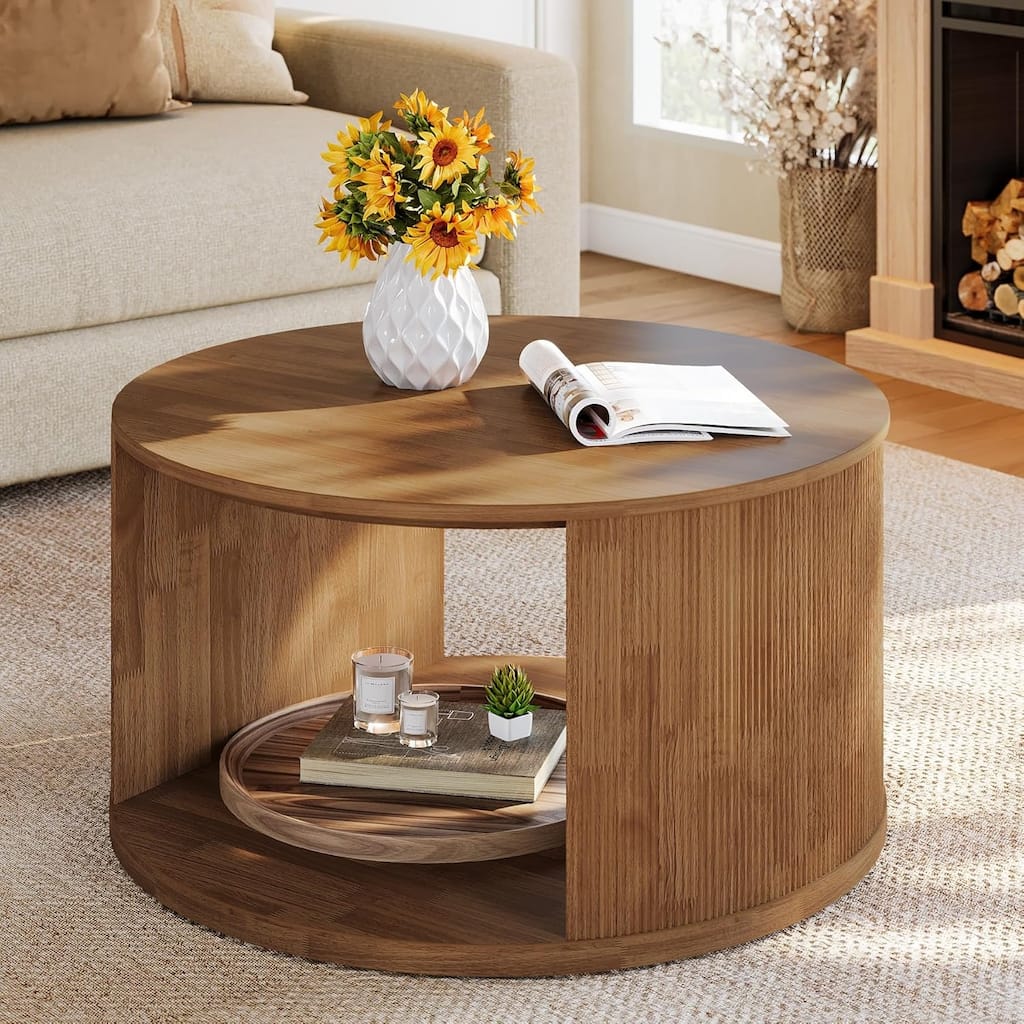 31.5" Walnut Round Coffee Table Center Table with Fluted Drum Base - 31.5"W x 31.5"D x 17.7"H