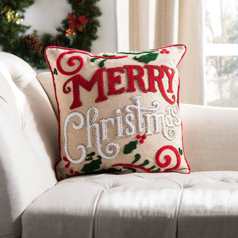 SAFAVIEH Holiday Kontxesi Merry Merry Green/Red/Beige Decorative Pillow