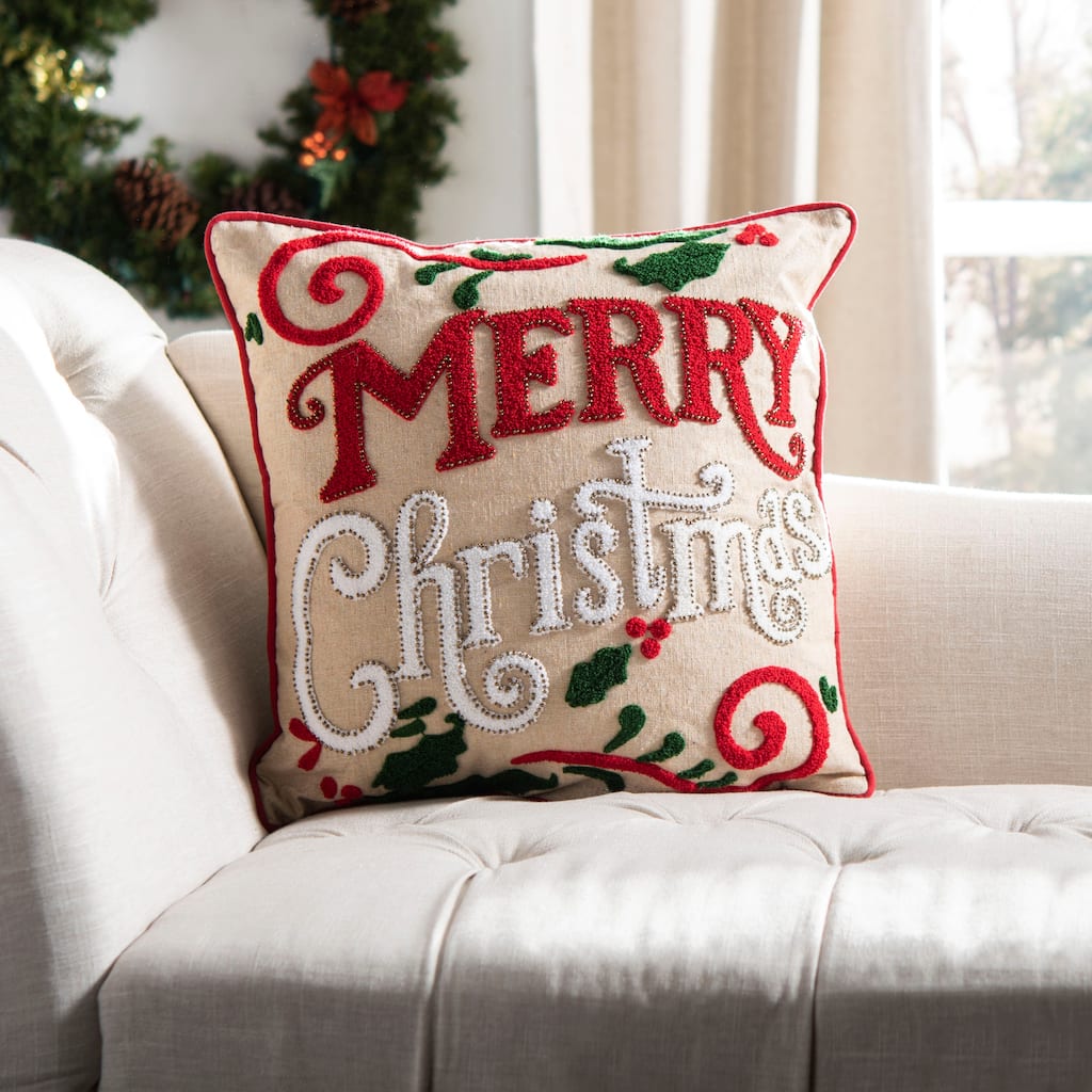 SAFAVIEH Holiday Kontxesi Merry Merry Green/Red/Beige Decorative Pillow