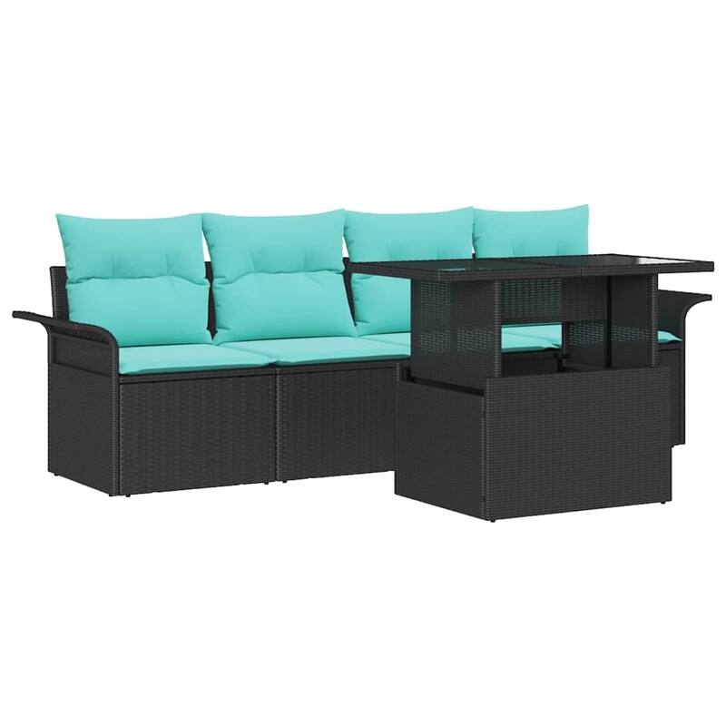 vidaXL 5 Garden Sofa Set with Cushions Black/Brown/Grey Poly Rattan - 98.8 x 24.4 x 27.2