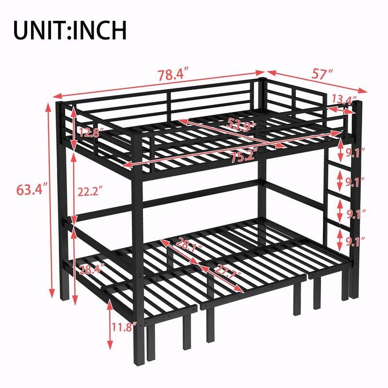 Pull-Out Bunk Bed with Three-Section Lower Bunk and Safety Rails on Top Bunk