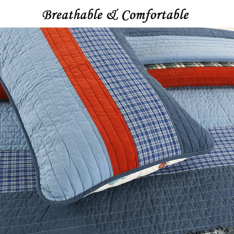 Cozy Line Varsity Navy Red Stripe Denim Cotton Quilt Bedding Set