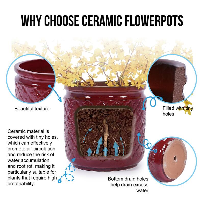 Anmytek Handmade Ceramic Planter Set of 3 Burgundy Diamond Pattern