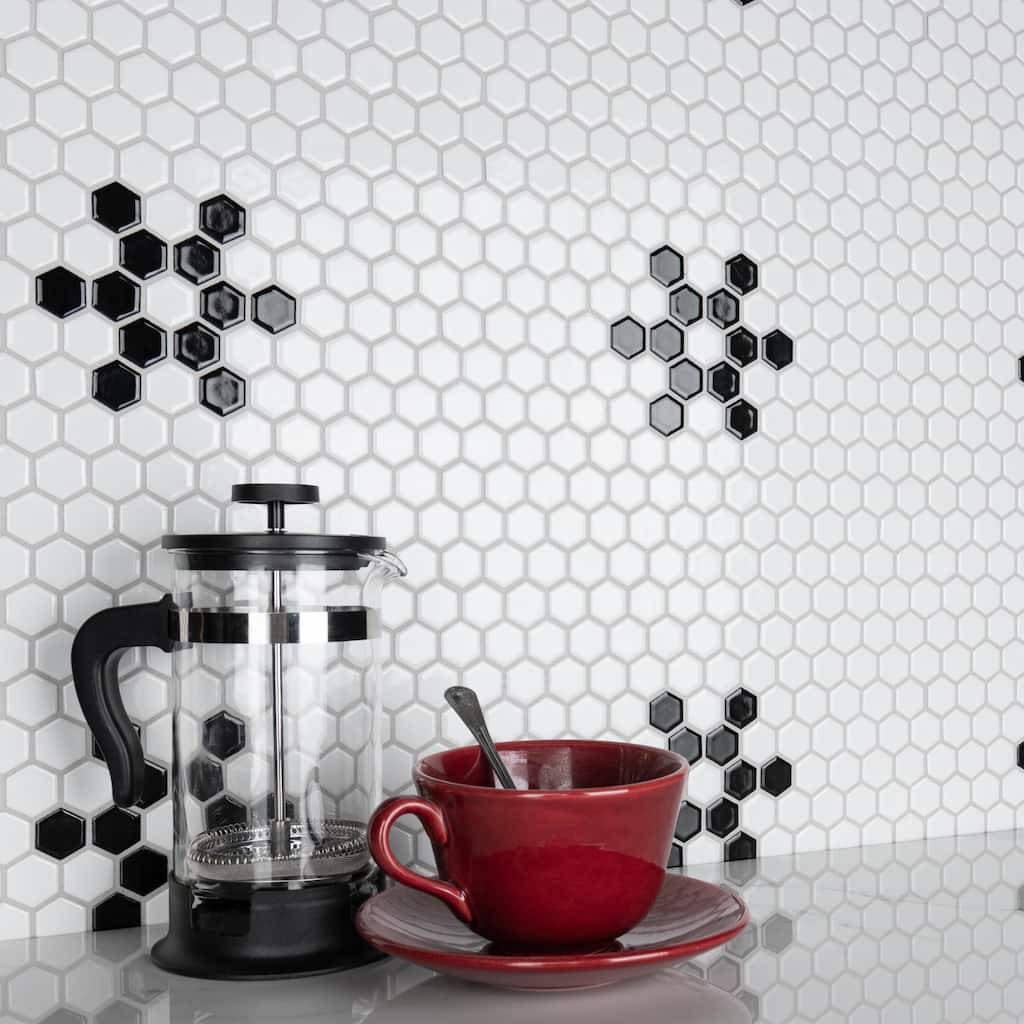 Merola Tile Metro 1" Hex Glossy White w/Snowflake 10-1/4" x 11-7/8" Porcelain Floor and Wall Tile