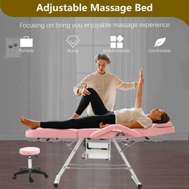 Massage Salon Tattoo Chair - 3-Section Adjustable Facial Bed with Two Trays & Hydraulic Stool, Multi-Purpose Spa Equipment