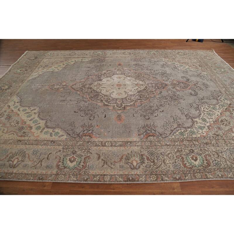 Gray Geometric Tabriz Persian Area Rug Hand-Knotted Wool Carpet - 9'1"x 12'9"