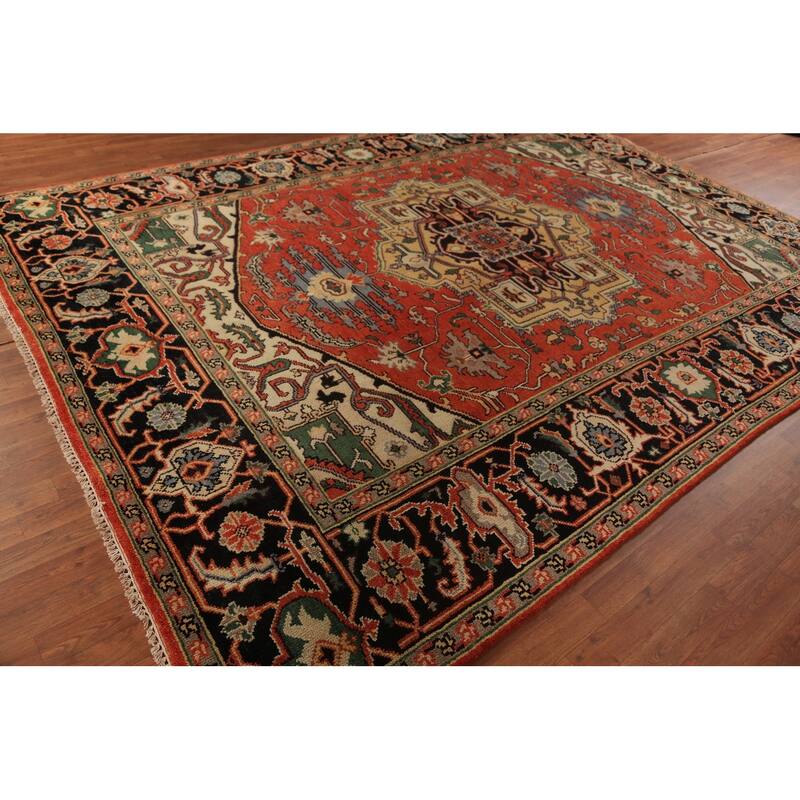 Geometric Heriz Serapi Indian Area Rug Handmade Orange Wool Carpet - 8'9"x 11'10"