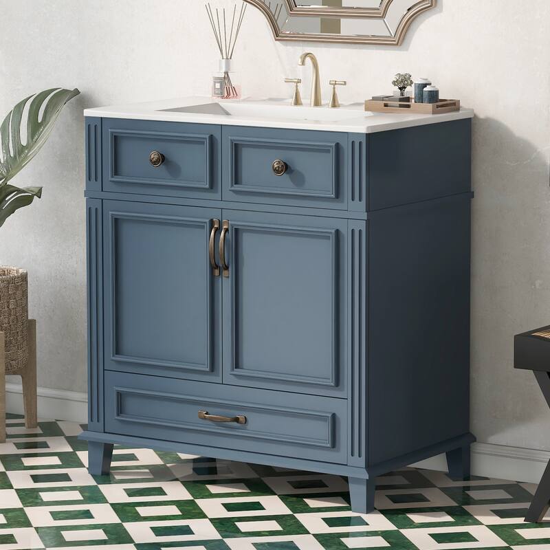Bathroom Vanity with Resin Sink, Bathroom Cabinet with Soft Closing Doors, Bathroom Vanity Set with Solid Wood Frame