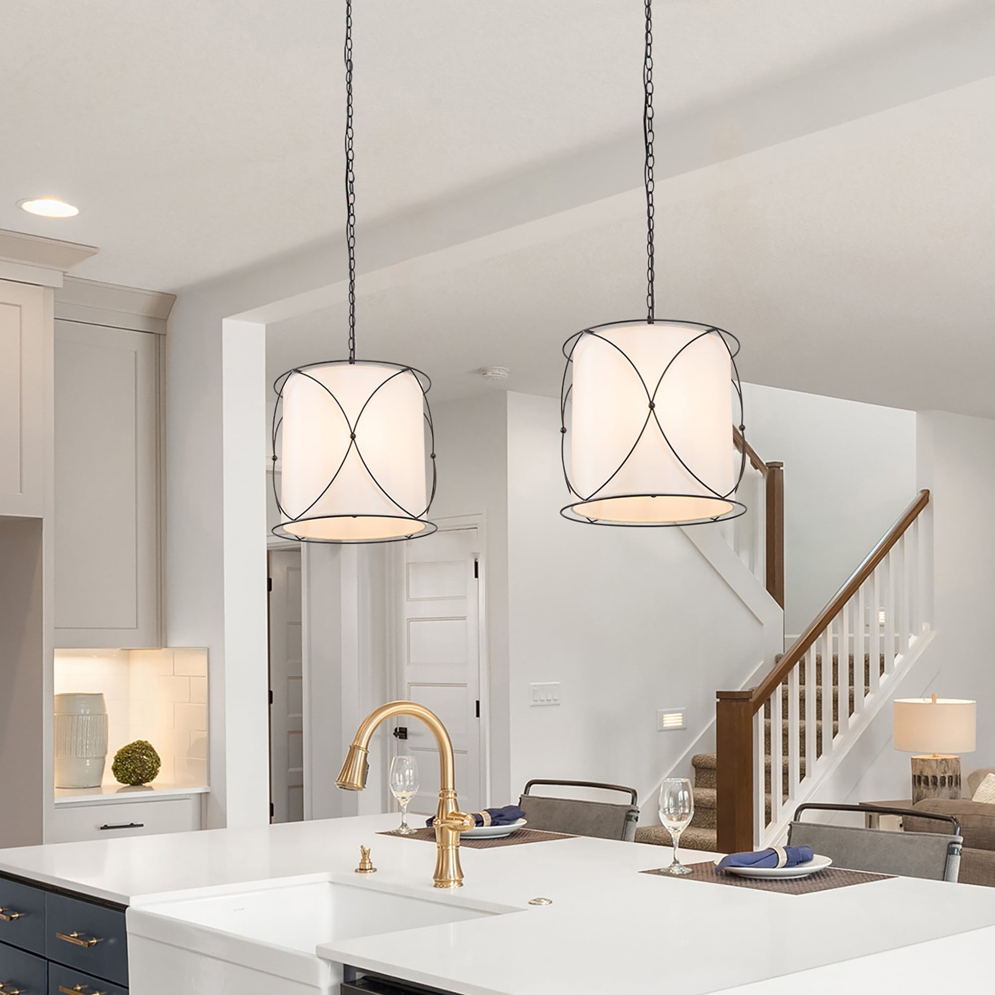 Drum pendant lighting over kitchen island hot sale