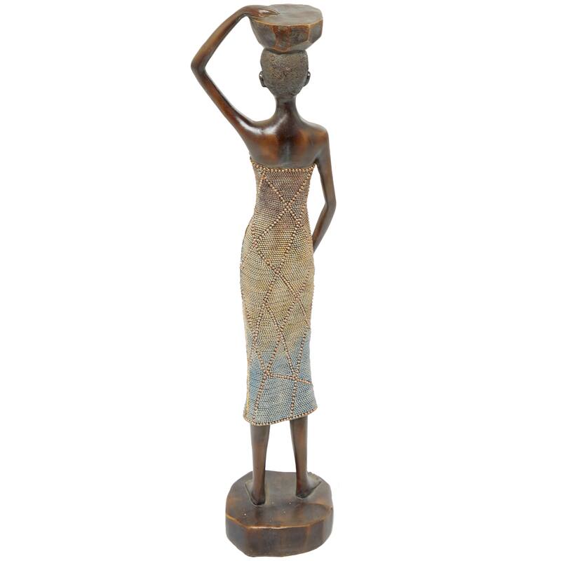 Brown Polystone Primitive African Mask and Standing African Woman Sculpture Wall Decor