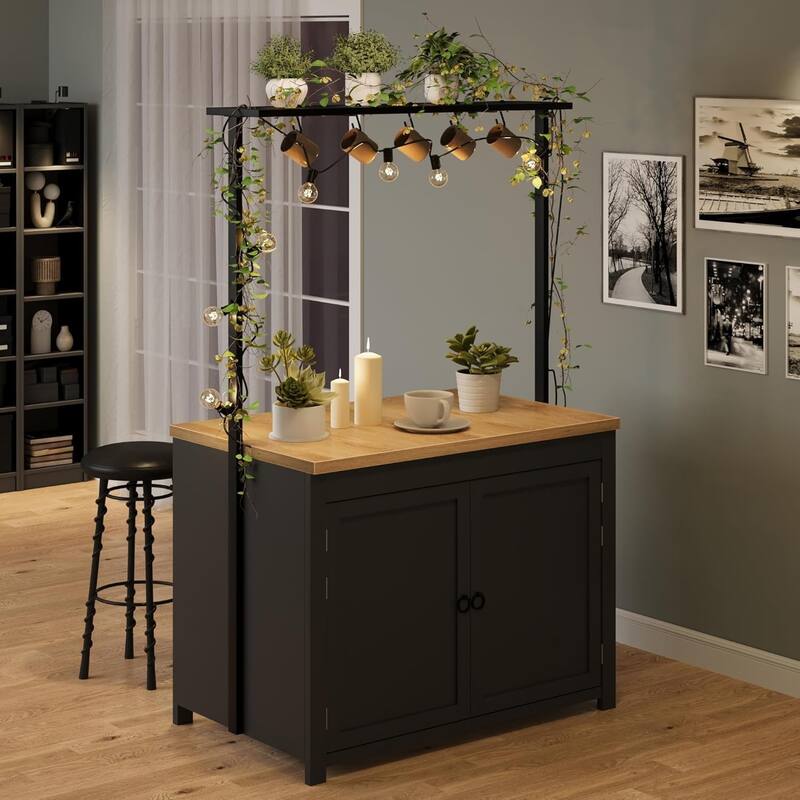 41" Kitchen Island with Storage, 1.2" Countertop with Double Shelves, 5 Hooks, Metal Coffee Bar Table, Black