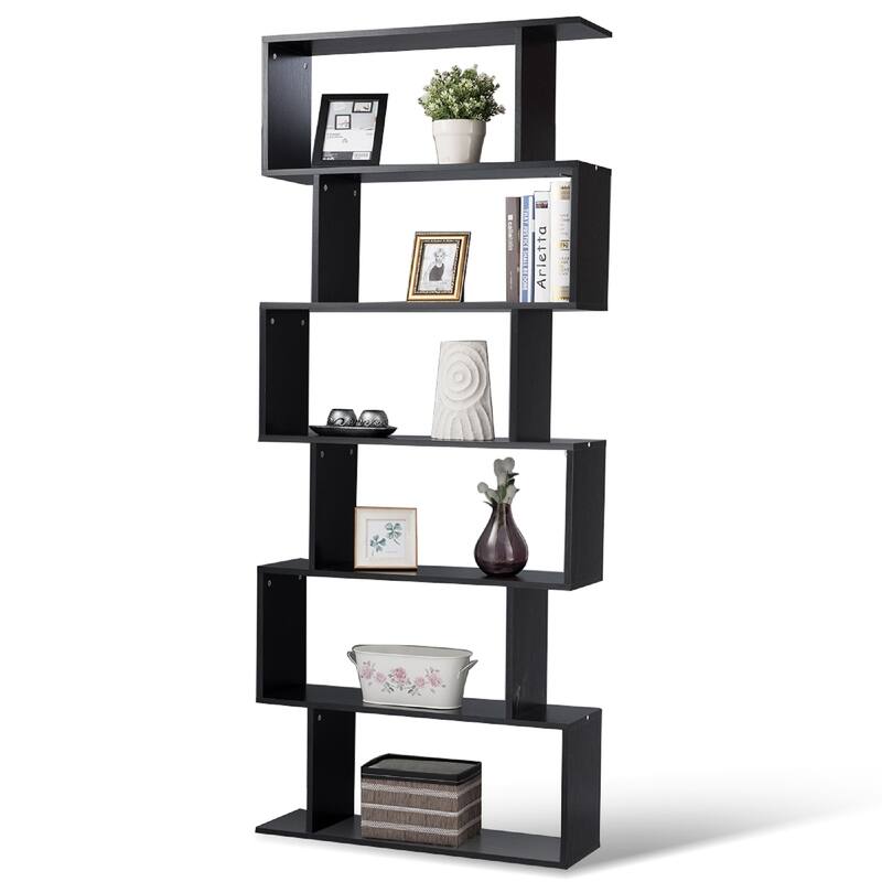 S-Shaped 6 Tier Room Dividing Bookcase Wooden Storage Display - Black