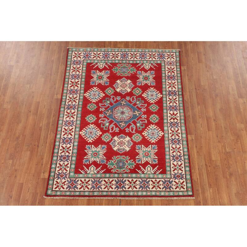 Red Kazak Oriental Area Rug Hand-Knotted Geometric Wool Carpet - 5'0" x 6'7"