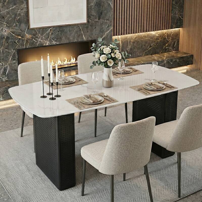Modern Marble-Patterned Tempered Glass Dining Table, Rectangular Kitchen Table with Dual-Pedestal Metal Base - White