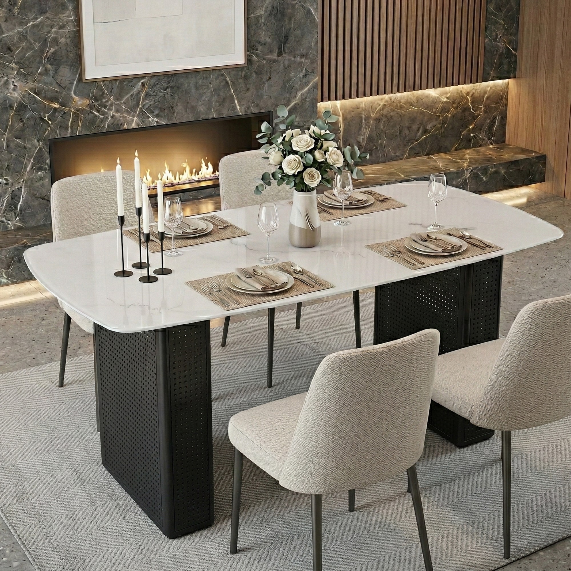 Modern Rectangular Tempered Glass Dining Table, Marble-Patterned Design with Black Dual-Pedestal Metal Base for Dining Room