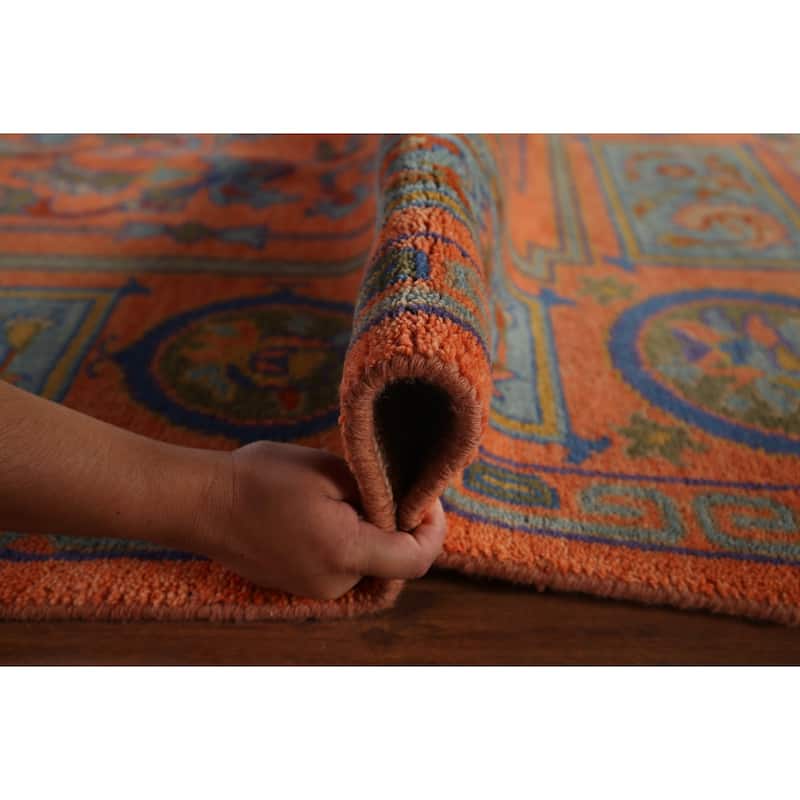 Orange Geometric Khotan Oriental Area Rug Hand-Knotted Wool Carpet - 8'10"x 11'10"