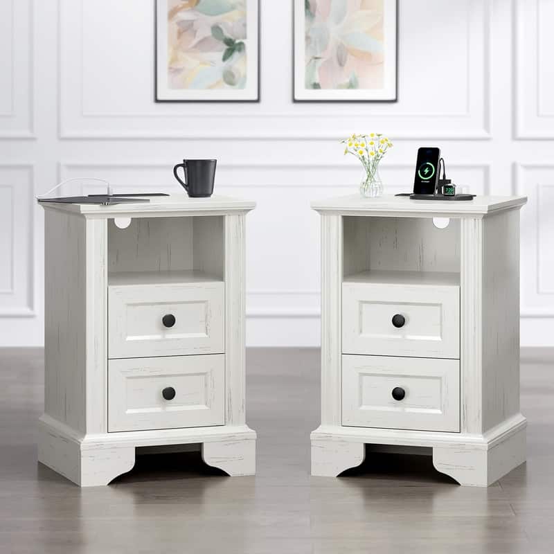 Washed White Nightstand with 2 Drawers, Shelf & US Power Outlet