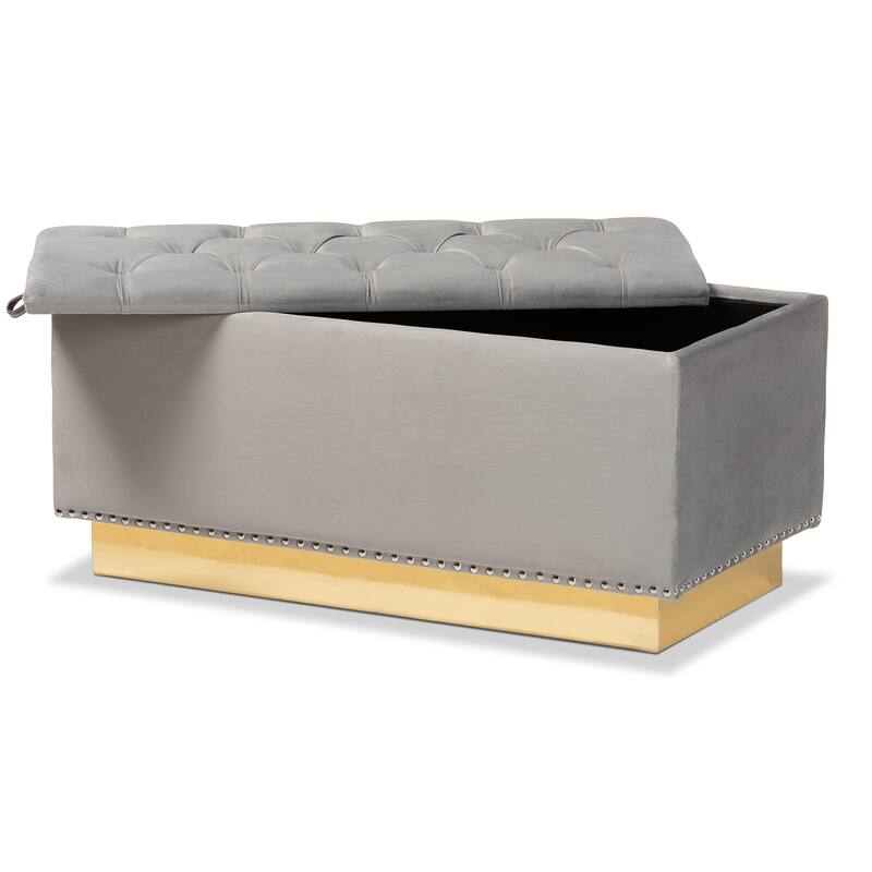 Powell Glam and Luxe Velvet Fabric and Gold PU Leather Storage Ottoman