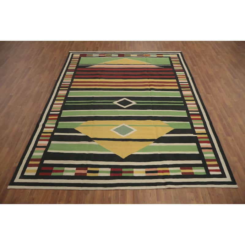 Hand Woven Oriental 100% Wool Carpet Southwestern Modern Multi-Colored Kilim Area Rug - 11' 7'' X 8' 10''