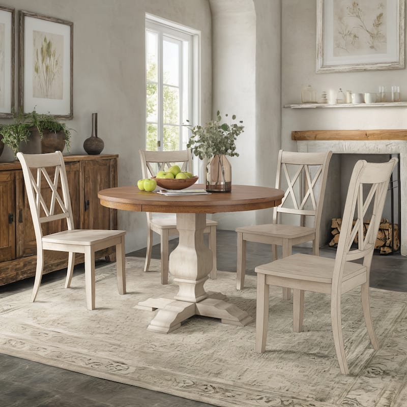 Ronda 45" Round Solid Wood Top Dining Set with X-Back Chairs - Antique White Table - Antique White Chairs
