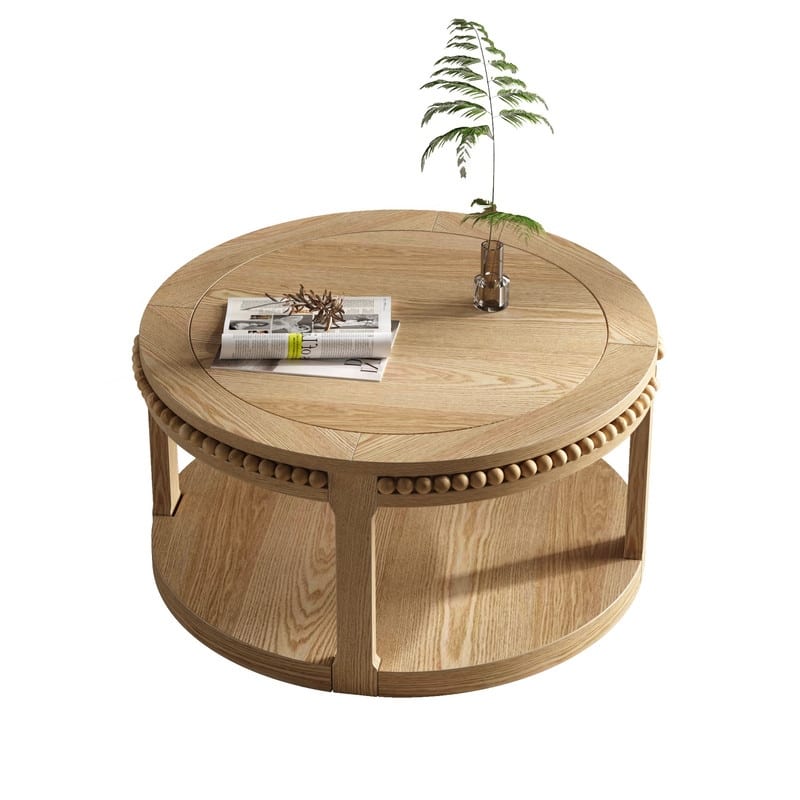 Round Solid Wood Coffee Table, Two-Tier Design with Sturdy Construction for Living Room Elegance