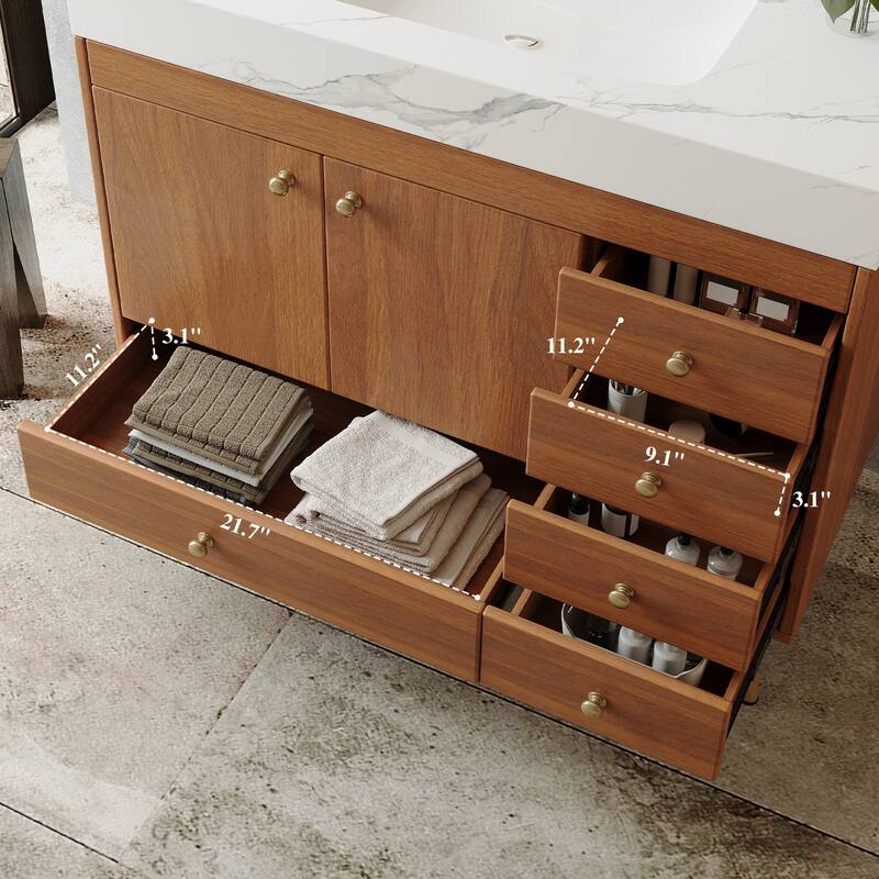 36" Freestanding Bathroom Vanity with Faux Marble Top, Ceramic Sink, 5 Drawers & Stainless Steel Legs
