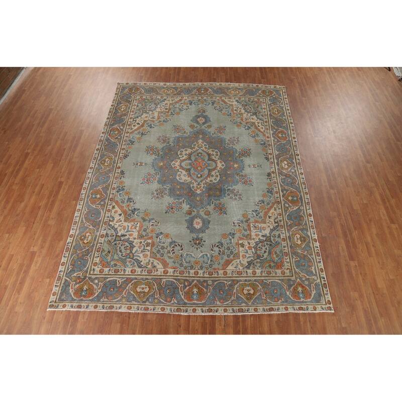 Green Tabriz Vintage Persian Area Rug Hand-Knotted Wool Carpet - 9'7" x 12'9"