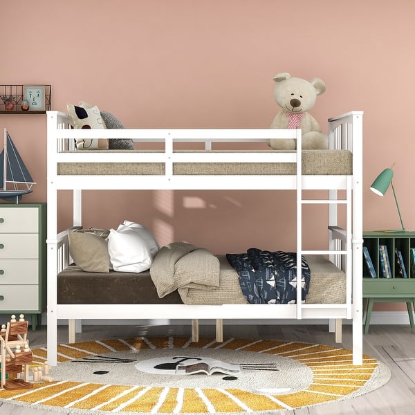 slide 2 of 38, Full Over Full Bunk Bed with Ladder, Solid Wood Bunk Bed Frame with Safety Guardrail for Teens/Adults, Convertible into Two Beds White - Full