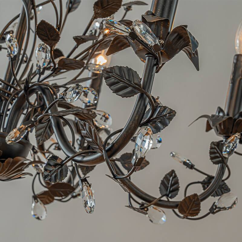 Contemporary 3/6-Light Dark Bronze Leaf Chandelier Elegant Interior Lighting With Crystal Accents For Dining Room Foyer