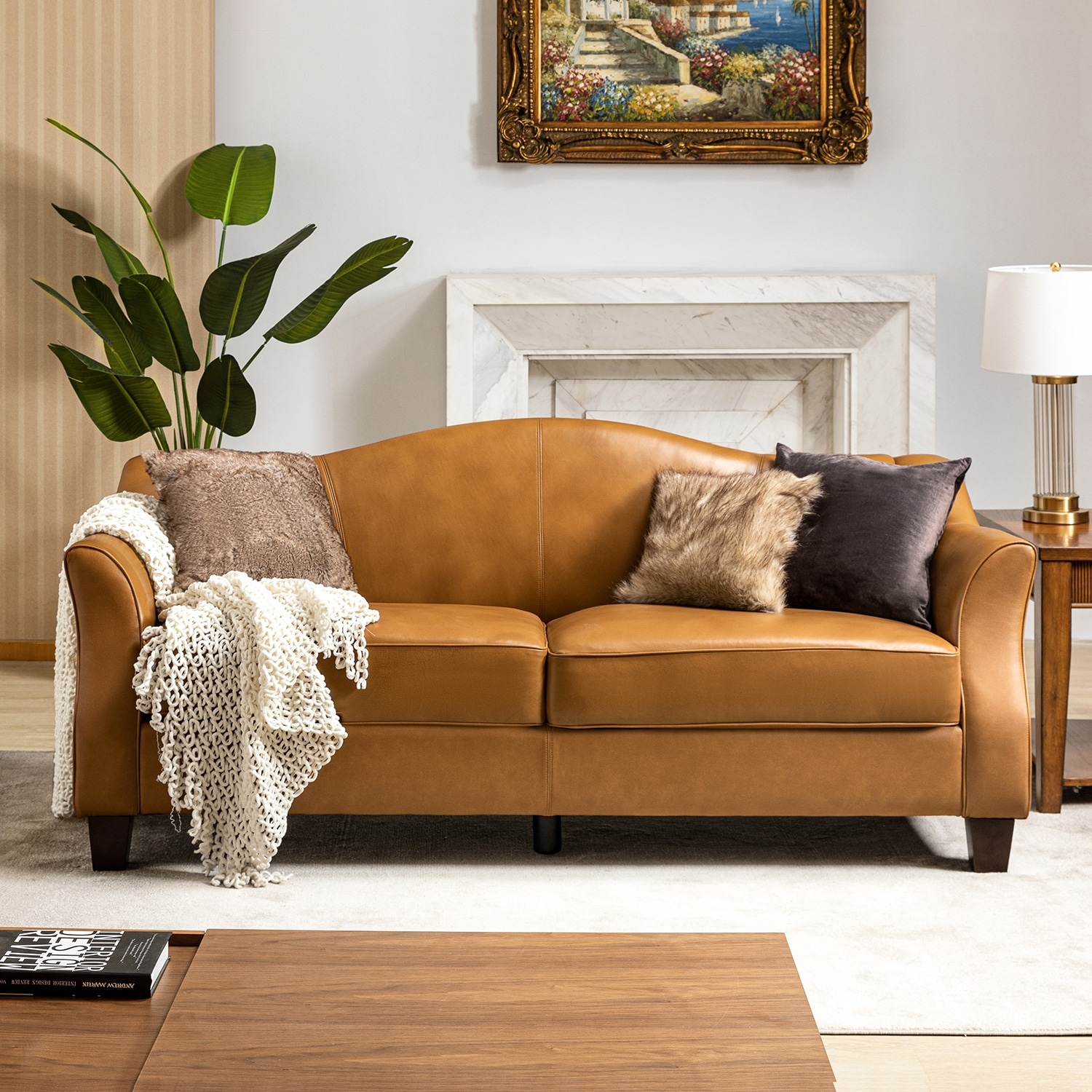 HULALA HOME Sandra 81.5" Classic Genuine Leather Sofa With Solid Wood Legs