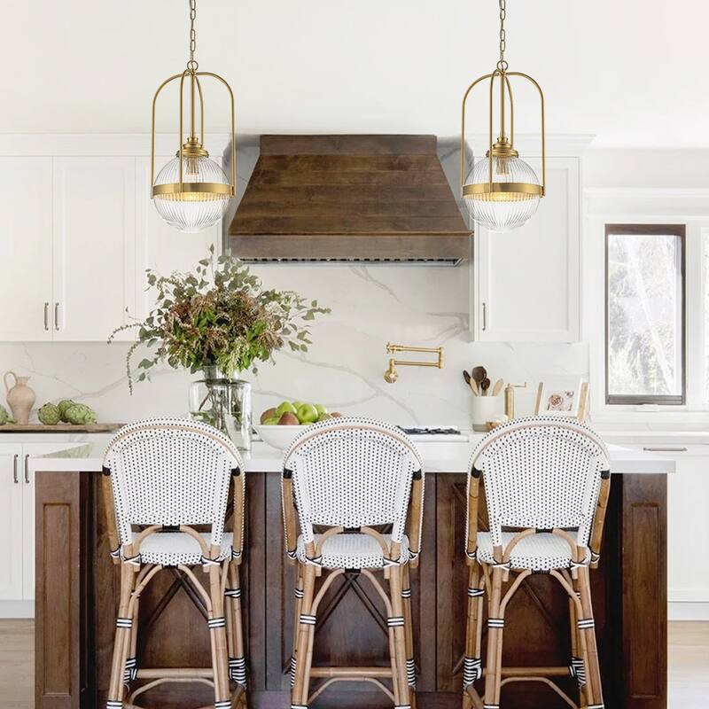 Mid-century 1-Light Geometric Ribbed Glass Kitchen Island Pendant - 10.6 in