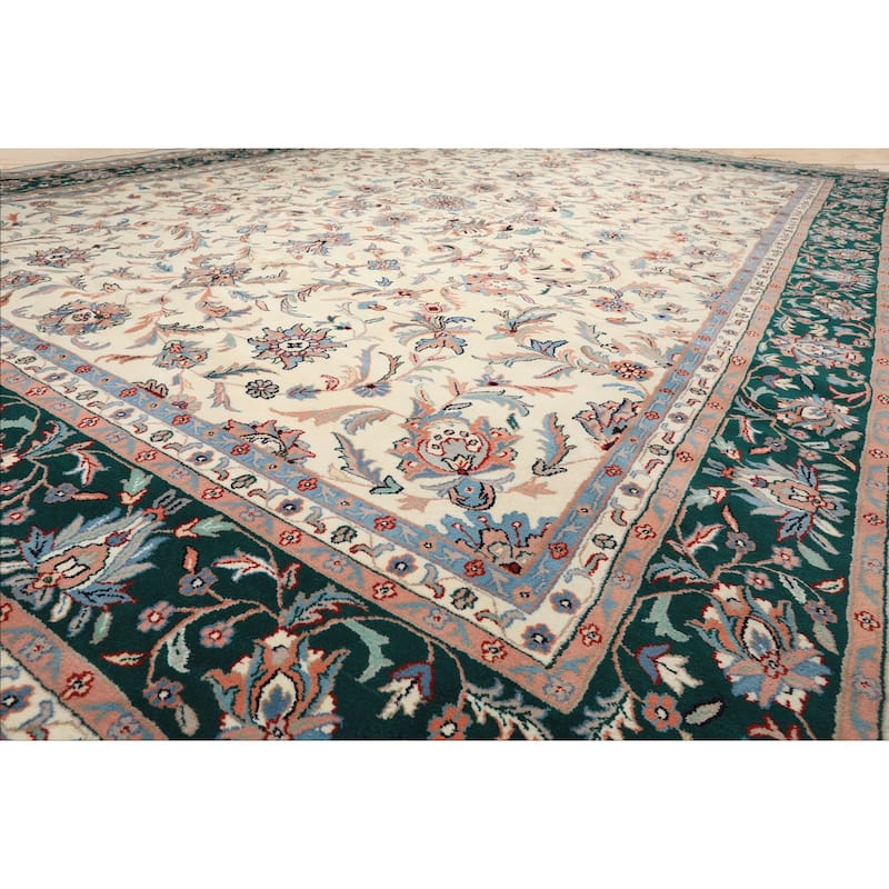 12x15 Hand Knotted Wool Cream Kashaan Traditional Botanical Plush Pile Area Rug - 12' x 15'