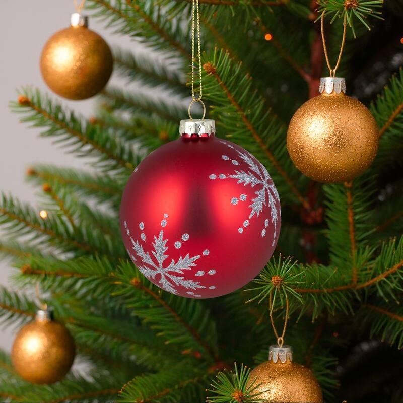 Glittered Snowflakes Matte Finish Glass Ball Christmas Ornaments - 3" (75mm) - Red - 4ct