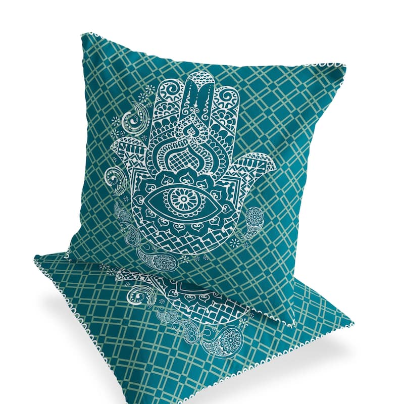 HomeRoots Set of Two 16" X 16" Green and White Blown Seam Hamsa Indoor Outdoor Throw Pillow - 16.00' X '16.00' X '5.00