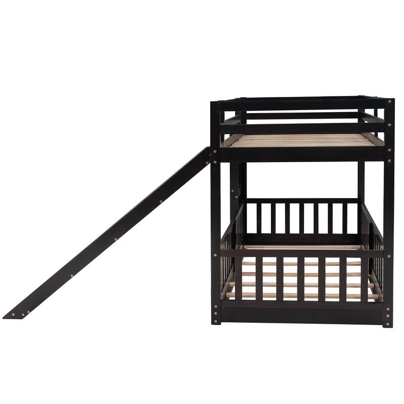 Twin Over Twin Bunk Bed with Slide and Convertible Ladder, Space-Saving Design