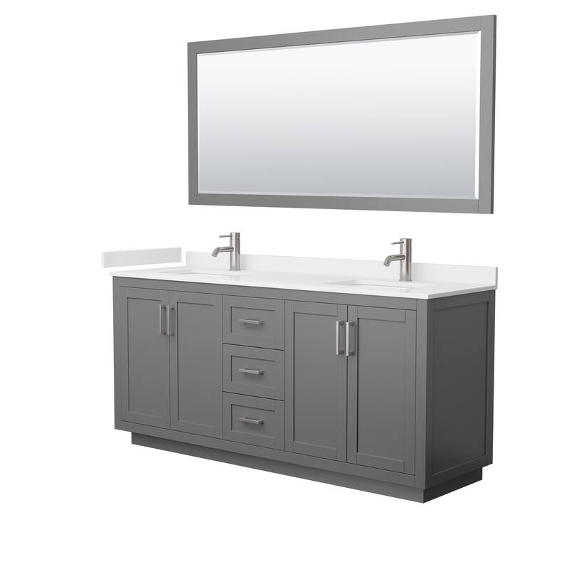 Miranda Double Vanity Set, Cultured Marble Top, 70-Inch Mirror - 72-Inch Double - Dark Gray, Nickel Trim, White Cultured Marble Top