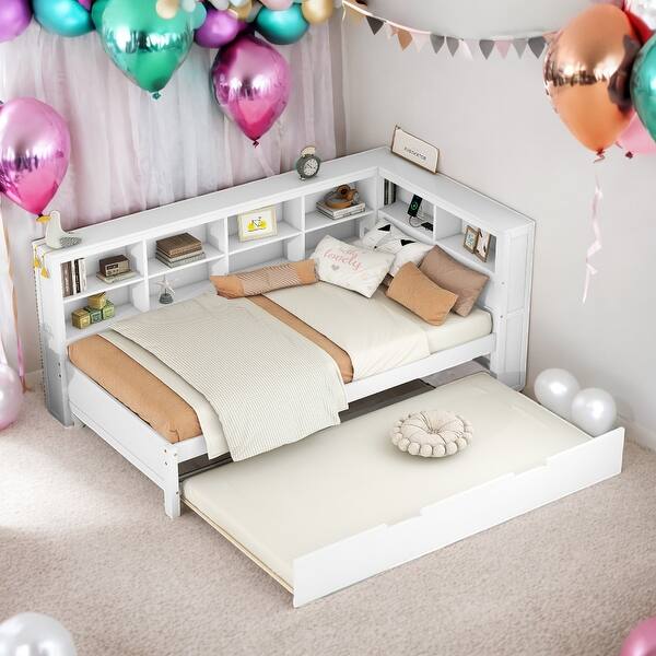 slide 2 of 9, Wooden Twin Size DayBed with Trundle and USB Charging Ports, White White