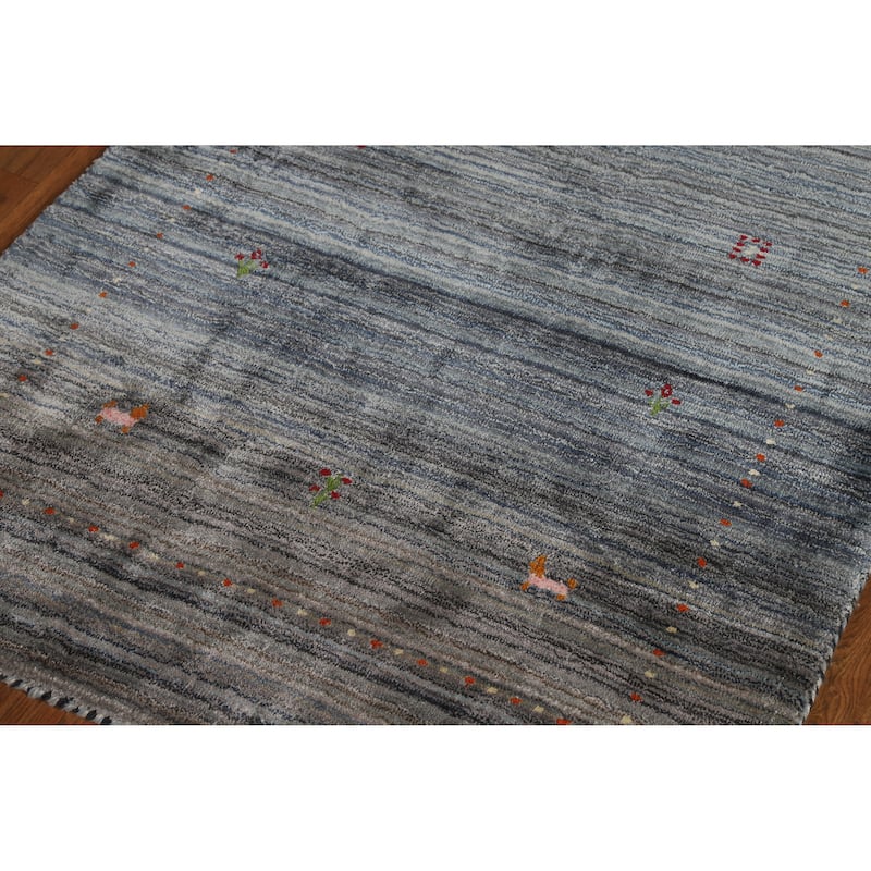 Navy Blue/ Gray Gabbeh Oriental Foyer Rug Hand-Knotted Wool Carpet - 3'0"x 4'10"