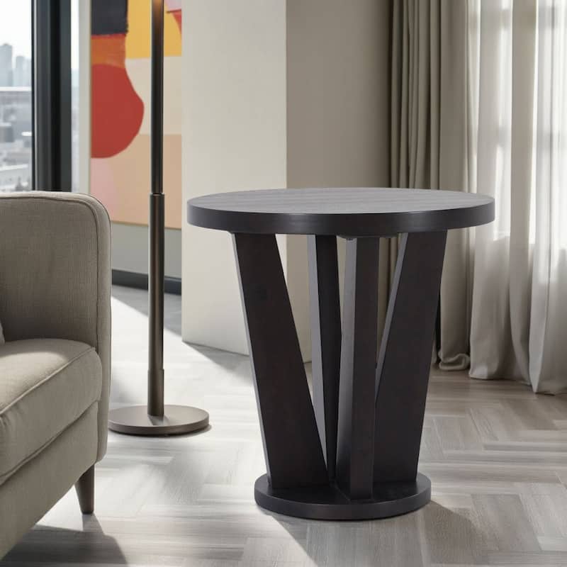 Chloe Side End Table, 24 Inch Round, Angled Pedestal Base, Dark Brown