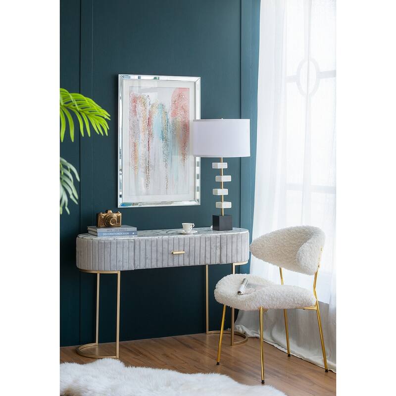 Marble Table Lamp with Brass Frame and White Fabric Shade Modern Vintage Style