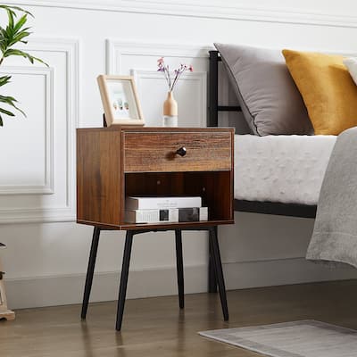 Javlergo Mid-Century Modern Nightstand with 1-Drawer and Open Storage Shelf for Bedroom or Living Room