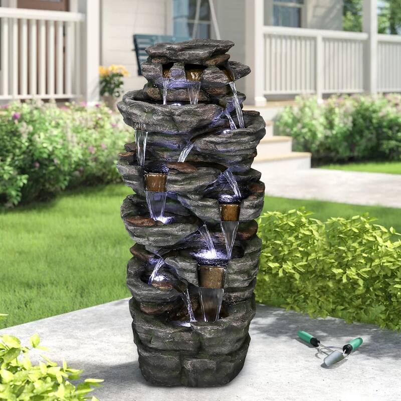 8-Tier Rocks Outdoor Water Fountain-47.2''H Waterfall with LED Light
